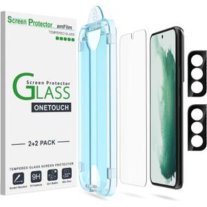 amFilm OneTouch Screen Protector for Samsung Galaxy S22 5G 6.1 Inch, 9H Hardness with Camera Lens Protector, Easiest to Installation and Bubble Free, Tempered Glass, 2 Pack (S22-6.1")