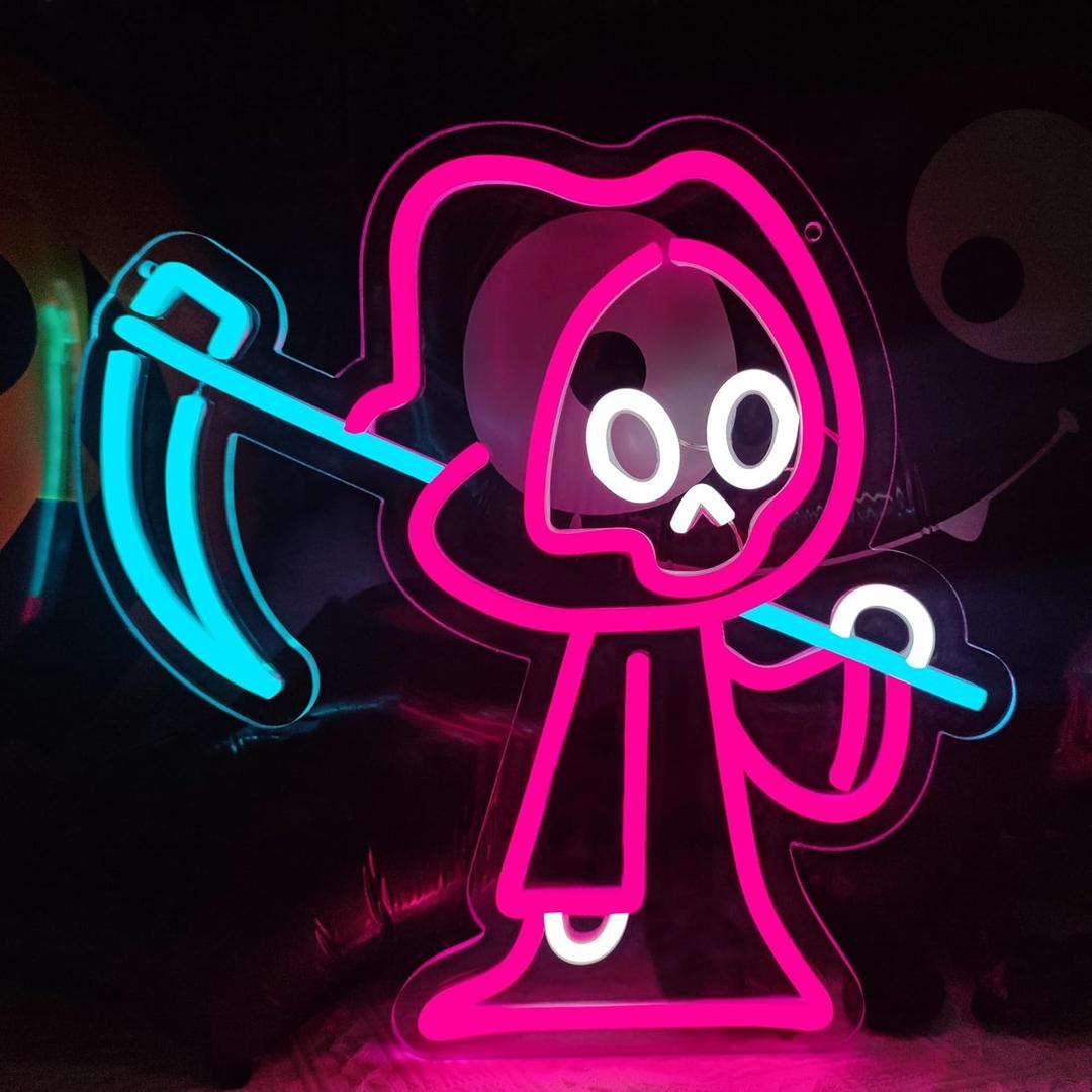 Halloween Ghost Neon Sign, LED Grim Reaper Neon Signs for Wall Decor, Dimmable Ghost Shape Neon Light Spooky Halloween Decorations Light up Sign for Bedroom, Porch Front Door, Kids Gifts (Ghost)