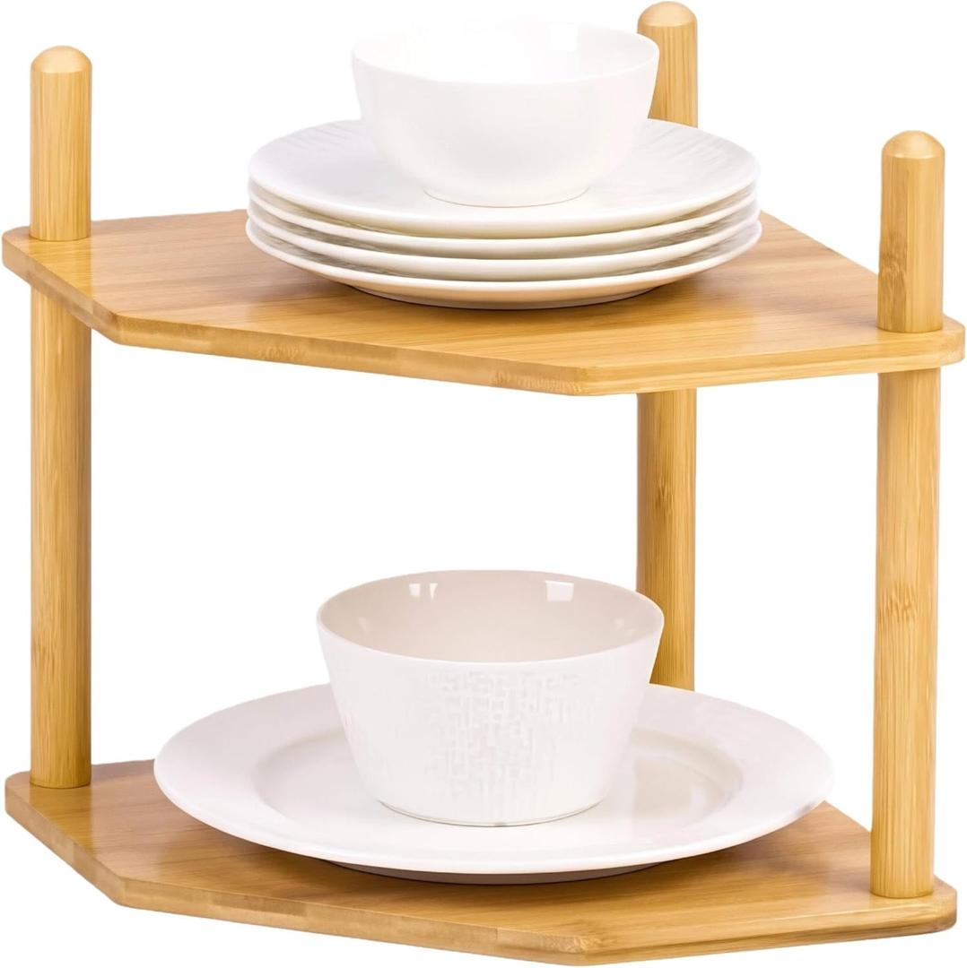 WooFawn 2-Tier Expandable Bamboo Corner Shelf - Dish/Plate Organizer for Cabinet, Kitchen Counter Shelf & Small Kitchen Shelf, Adjustable (Natural, 6.7" H)