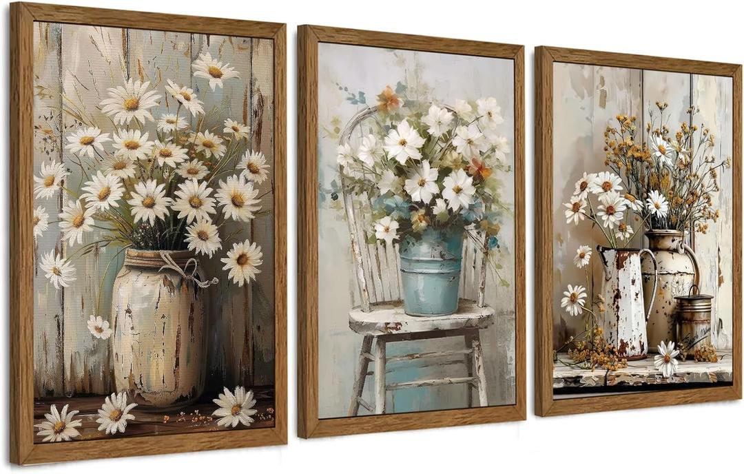 DUWQU 3 Piece Framed Elegant Farmhouse Canvas Wall Art, Vintage Floral Pictures Wall Decor, Nature Themed Daisy Art Prints for Living Room Bedroom Kitchen and Office Ready to Hang 1624 Inches