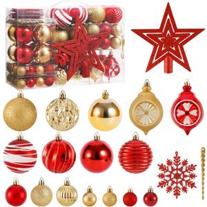 100PCS Christmas Tree Balls Ornaments Set with Topper, Red+Gold Shatterproof Hanging Christmas Tree Decorations