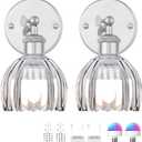 Vintage Battery Operated Wall Sconce, Smoky Gray Tulip Glass Lampshade Wireless Rechargeable Battery Powered LED Wall Light with Remote Dimmable for Bedside Bedroom Living Room, Silver, Set of 2