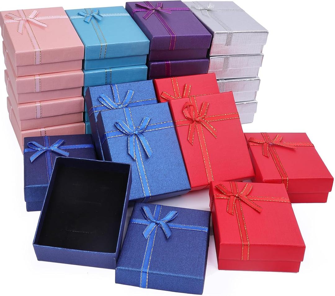 24 Pack Cardboard Jewelry Gift Box Set Empty Gift Boxes with Lids and Ribbon Bows for Display Earrings, Necklaces, Rings, Bracelets