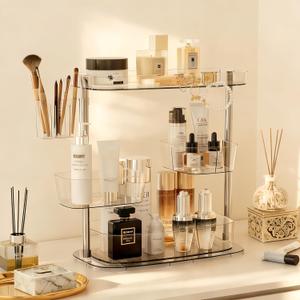 YOSHIONAL Rotating Makeup Vanity Organizer, Bathroom Countertop Cosmetic Skin Care Storage, Cosmetic Display Case with Brush Holder, for Skincare Perfume Cosmetics, Detachable Hanging Trays & Hooks