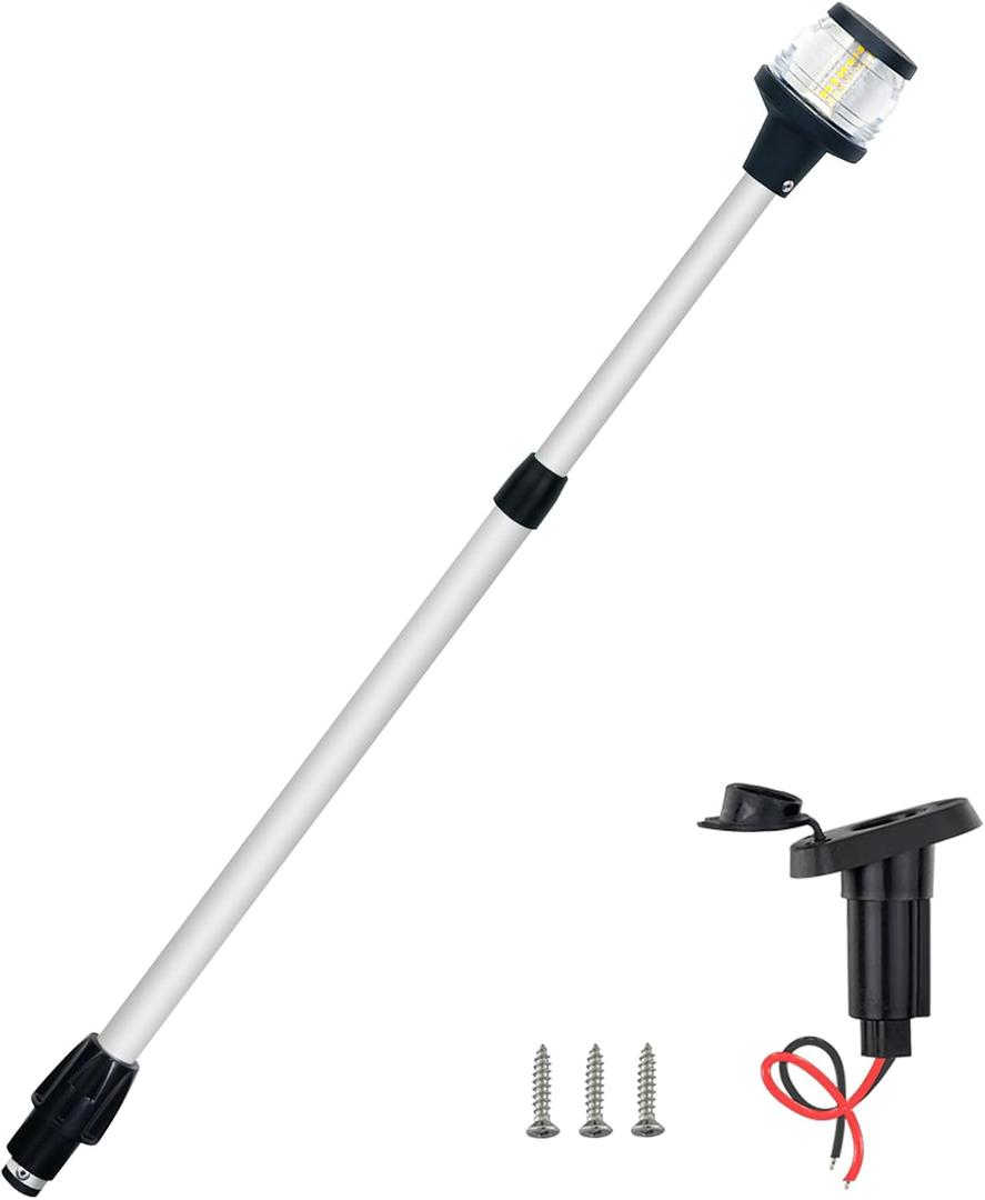 Telescoping Boat Stern Light - 29.5-44 Inches Adjustable Marine Anchor Light with Angled Base, White LED Navigation Light,2-Pin Plug-in Base,12-24V DC