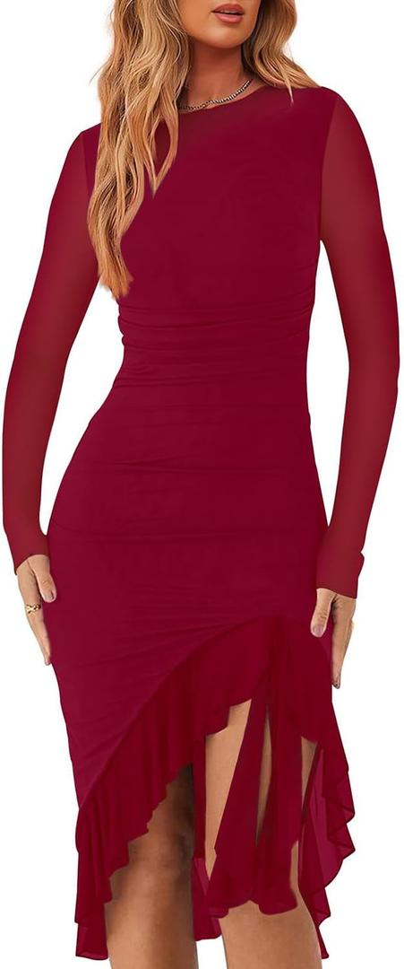 Womens Sexy Ruched Bodycon Midi Dress Long Sleeve High Low Formal Cocktail Party Dress (X-Large, Wine-red)