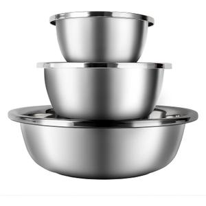 3-Piece Metal Mixing Bowl Set, Stainless Steel, Nesting | 1.3, 3.5 and 7.4 qt sizes with wide rolled rims, flat bases and deep bowls for baking, dough and salad prep