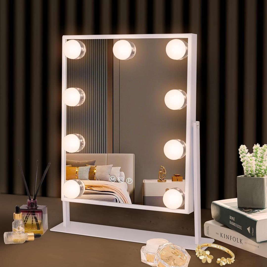 Hansong Vanity Mirror with Lights Lighted Makeup Mirror with 9 LED Bulbs Plug in Light Up Makeup Mirror with Lights 360 Rotation with 10x Magnifying Mirror Tabletop (White)