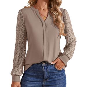 Long Sleeve Shirts for Women V Neck Lace Knit Tunic Tops Business Dressy Casual Work Blouses Loose Fit 2025 Fall (L)