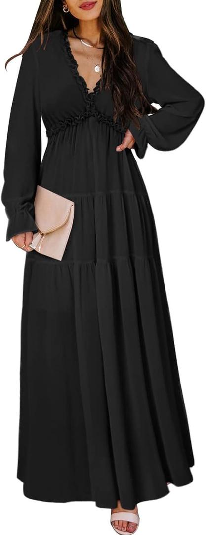 BLENCOT Women's Casual Boho Solid Color Deep V Neck Loose Long Sleeve Long Evening Dress Ruched Cocktail Party Maxi Wedding Dress Black Medium