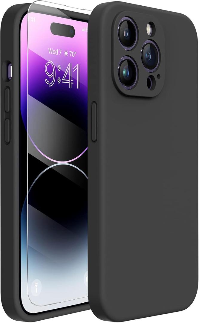 Miracase Designed for iPhone 14 Pro Max Phone Case with Screen Protector,[Upgraded Enhanced Camera Protection],Shockproof Liquid Silicone Case with Microfiber Lining,6.7 inch, Black