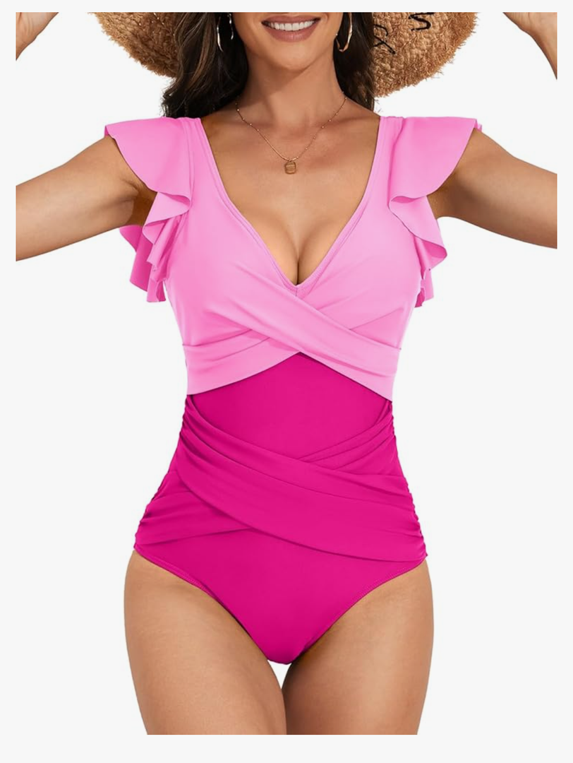 B2prity Women's One Piece Swimsuit Ruffle Slimming Tummy Control Bathing Suit Criss Cross High Waist 1 Piece Swimwear, Size Medium