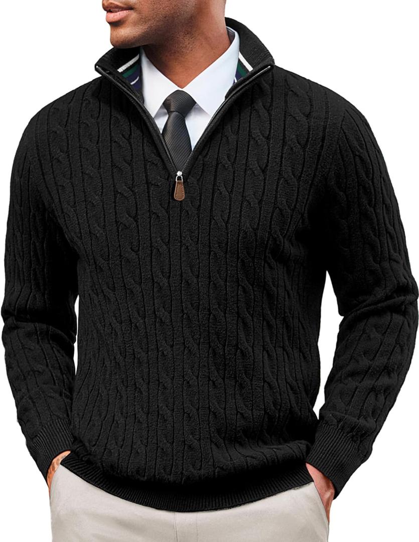 PJ PAUL JONES Mens Quarter Zip Sweater Cable Knitted Pullover Sweaters Textured Solid Colors Sweater (XX-Large, Black)
