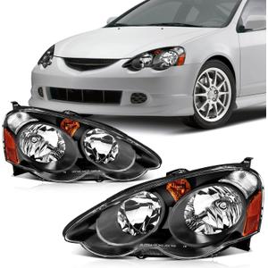 SCITOO Headlight Assembly For 2002-2004 Acura RSX 2-Door Headlamp Compatible with 2002 2003 2004 Acura RSX with Black Housing Amber Reflector Clear Lens, Driver and Passenger Side