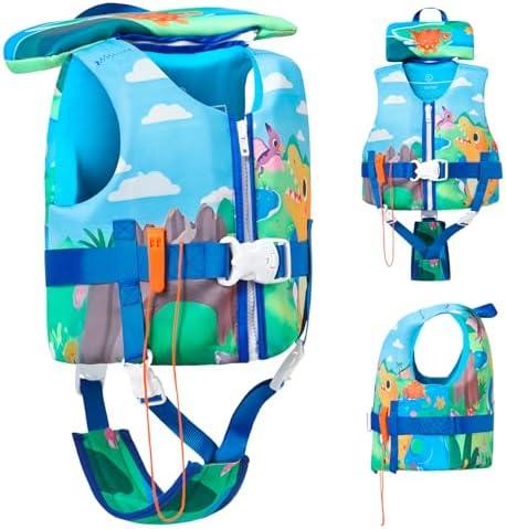 Kulahlik Toddler Swim Vest, Toddler Life Jacket 20-80 lbs Boys & Girls, Kids Floaties Swimming Jackets for 1 2 3 4 5 6 7 Years with Detchable Head Support & Grab Handle L