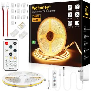 COB LED Strip Light Warm White 3000K, 32.8ft Dimmable Bright 24V Led Tape Light with RF Remote, Indoor COB Led Lights for Bedroom Kitchen Under Cabinet DIY Lighting, 1 Rolls of 32.8ft