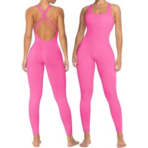 Sunzel Jumpsuits for Women Backless, Seamless Workout One Piece Bodycon Romper Scoop Neck, Butt Scrunch Leggings Unitard (X-Small, Hot Pink)