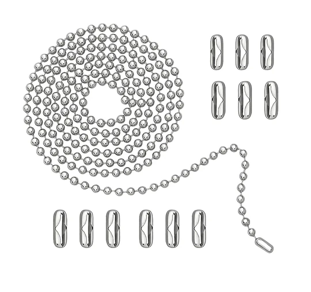 120" Ceiling Fan Pull Chain Extender - Stainless Steel Ball Chain with 12 Connectors, Adjustable Length for Fan/Light Fixtures, Lamp, Curtains, Dog Tags (3mm Bead Diameter, Cut-to-Size)