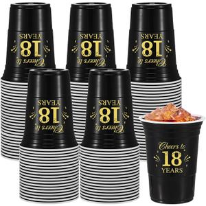 50 Pack 18th Birthday Decorations Birthday Cups 16 oz Disposable Plastic Gold and Black Cheers to 18 Years Cups for Men Women Hot Cold Drinks for Wedding Anniversary Supplies(Black)