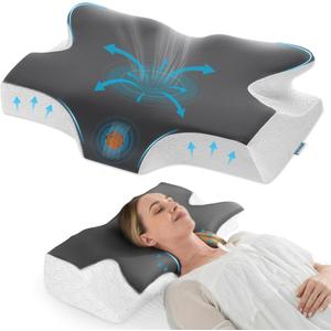 Elviros Cervical Neck Pillow for Sleeping, Memory Foam Pillow for Neck Pain Relief, Side Sleeper Cooling Pillows for Adults, Neck Support with Removable Pillowcase for Back & Stomach Sleepers (Queen Size 26Lx16.5Wx(4.3"-5")H, Dark Gray)