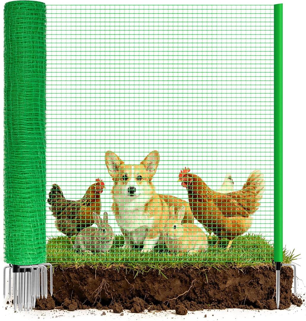 3'x50' Temporary Fence with Posts, Dog Fencing, Garden Fence Animal Barrier | Thicker U-shaped ground anchor post, Portable, Complete Fence Kit, Outdoor Use