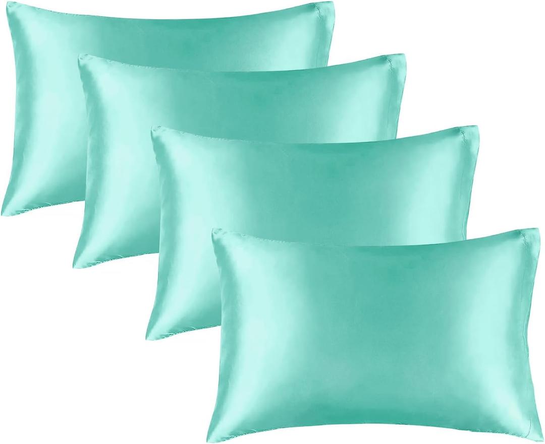 2 x BEDELITE Satin Pillowcase for Hair and Skin, Super Soft Similar to Silk Pillow Cases 4 Pack with Envelope Closure, Cooling Pillowcases for Women Men (20"x36" King Size, Turquoise)