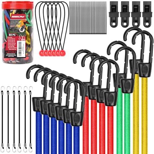 60-Piece Bungee Cords Assorted Sizes - 10" 18" 24" 32" 40" Bungee Cords with Hooks, Heavy Duty Outdoor, Large Medium Small Mini Elastic Canopy Tarp Bungee Ball Ties Tarp Clips Organizer