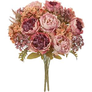 Hollyone 2Pcs Artificial Fall Flowers Bouquet 18.8" Pink Dried Peony Hydrangea Fake Fall Floral Silk Flowers Autumn Faux Flower Arrangement for Home Wedding Table Centerpieces Thanksgiving Party Decor