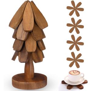Wooden Christmas Tree Coaster Trivets Wood Trivets Set for Hot Dishes Set of 4 Christmas Tree Shape Foldable Wooden Coaster and 1 Stand Natural Trivet for Cups Plates Bowls Pots(Black Walnut Color)