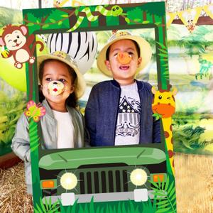 Huray Rayho Safari Birthday Decorations Jungle Photo Booth Props Zoo Animals Backdrop Selfie Picture Frame for Jungle Theme Baby Shower Favors Jungle Themed Party Supplies, Double- Sided Printing