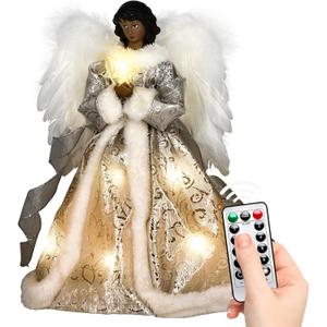 Angel Tree Topper with Lights and Remote Control, 12" Lighted Tree Toppers Christmas Decorations, Elegant and Durable, Perfect for Holiday Home Decor and Gifts, Black, WOKEISE