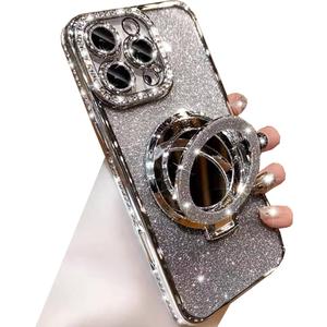for iPhone 16 Pro Max Case with Magnetic Kickstand, Cute Sparkly Bling Glitter Rhinestones Phone Case, Glass Camera Lens Protector, Flowing Liquid Ring Stand for iPhone 16 Pro Max (Silver)