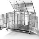 Collapsible Stainless Steel Dog Crate, 30" 37" 42" 48" Sizes, Lockable Wheel, with Tray, Stackable, Heavy Duty, Divider, Indoor and Outdoor (48insm)