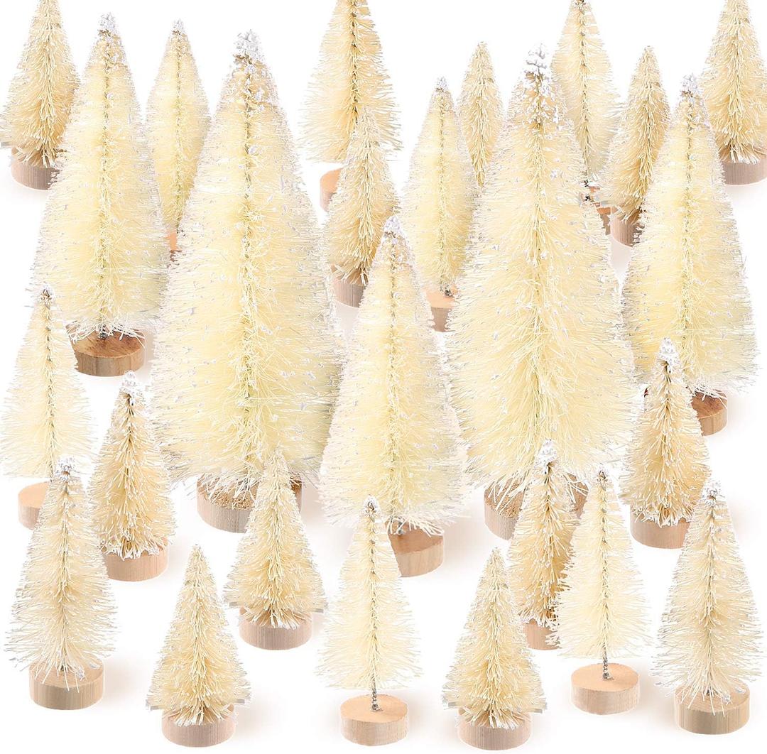 SATINIOR 60 Pieces Artificial Mini Christmas Tree Sisal Snow Trees Bottle Brush Christmas Trees Pine Trees Ornaments with Wooden Base for Christmas Party Home Decoration (4 Sizes, White) (1.8/ 2.6/ 3.4/ 4.9 Inch)