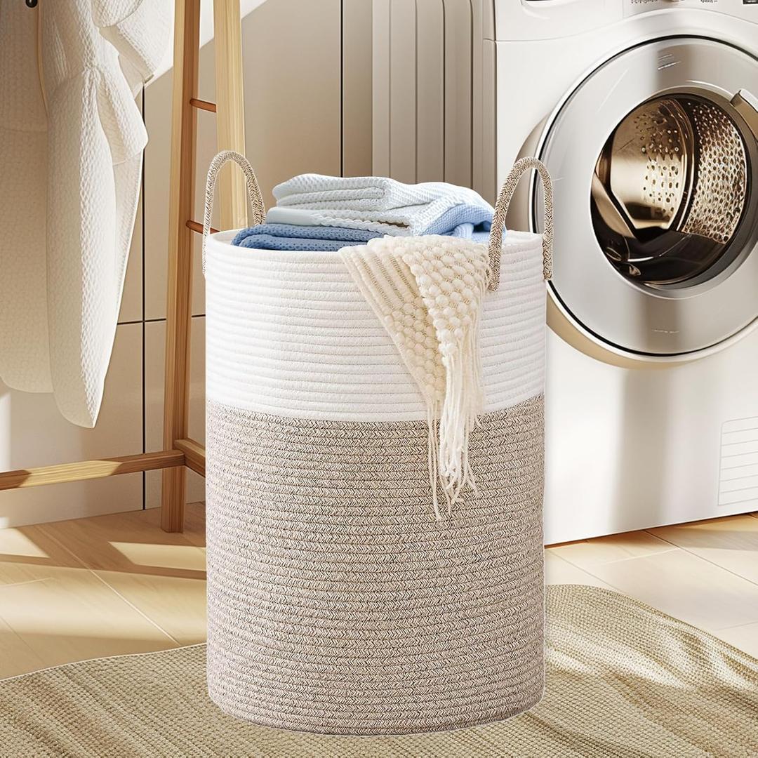 Laundry Basket, 60L Laundry Hamper with Handles,Decorative Blanket Basket Tall Woven Rope Storage Basket for Dirty Clothes,Toys,Blankets in Living Room, Bathroom&Bedroom(White&Brown)