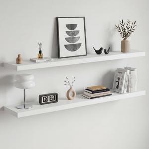 Homeforia White Floating Shelf 48 inches, High End Solid Real Wood 48inch Long Floating Shelves for Wall Mounted, White Wooden 48in Floating Shelves, Heavy Duty Bracket, 48 X 6.5 X 1.75 inch, Set of 2