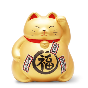 Large Banko Ware Lucky Cat Piggy Bank – 7.8 inches Traditional Japanese Maneki Neko Figurine with Red Mat, Feng Shui Decorative Ornament for Home or Office, Perfect Souvenir or Gift (Gold)