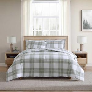 Eddie Bauer - Full/Queen Comforter Set, Premium Cotton Embroidered Bedding with Matching Sham(s), Plaid Home Decor (Mountain Embroidery Plaid Green, Full/Queen