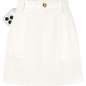 Kate Kasin Women Linen Mini Skirt with Shorts Underneath, High Waisted A Line Skort with Pockets, Dressy Casual Work Skirts (White, M)