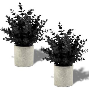 Coferset 2 Pack Black Fake Eucalyptus Small Fake Plants Potted Artificial Plants for Halloween Shelf Desk Home Farmhouse Room Coffee Table Decor Bathroom Decor (Black)