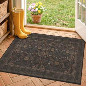 Dark Brown 2x3 Washable Entry Rug, Throw Small Rugs for Entryway Kitchen Bathroom Floor Mat Indoor, Farmhouse Floral & Botanical Door Mats, Low Pile Soft Stain Resistant Carpet