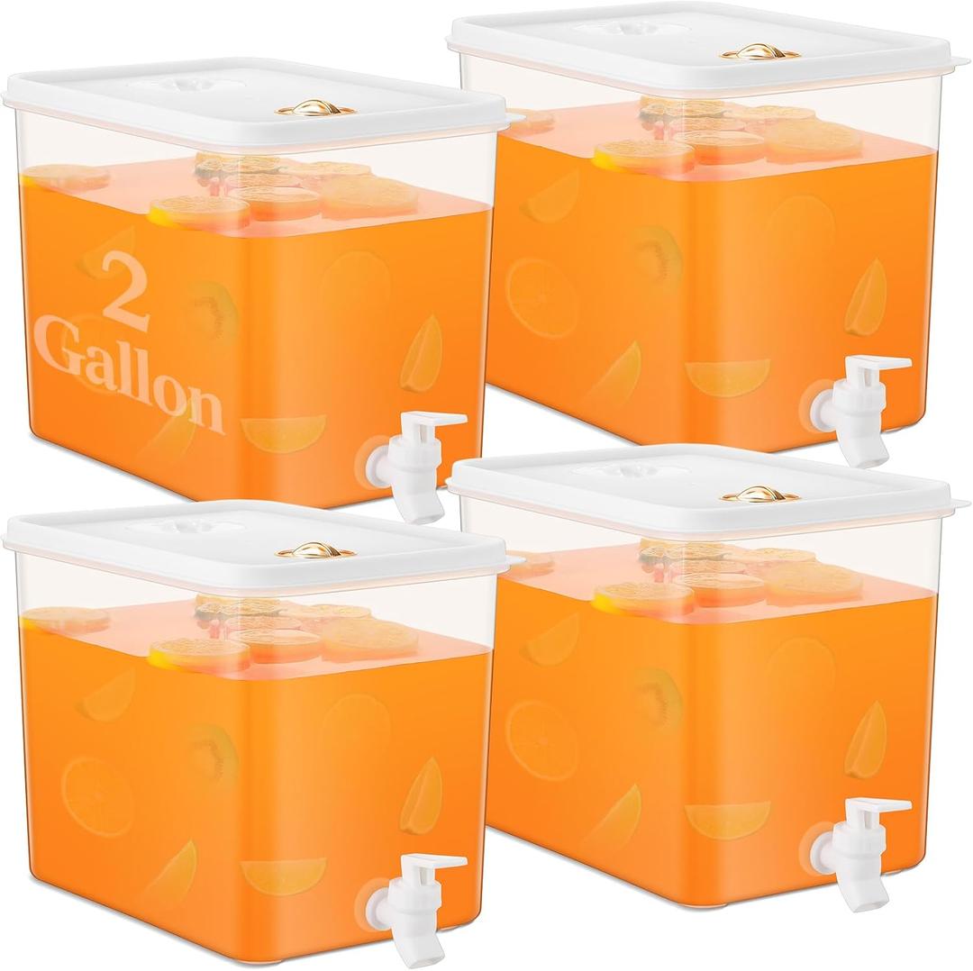 Domensi 4 Pack 2 Gallon Fridge Beverage Drink Dispenser with Spigot Leak-proof Lids Filter Screen Juice Container Sealed Plastic Lemonade Water Milk Cold Hot Drink Tea Jug for Party Daily Use