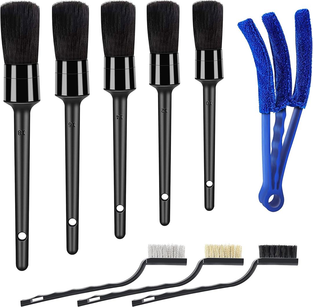 9pcs Auto Car Detailing Brush Set/ Interior Cleaning Kit Includes 5 Soft Premium Detail Brush, 3 Wire Brush & 1 Vent Cleaning Brush for Cleaning Interior, Dashboard, Engines, Leather, Wheel (black)