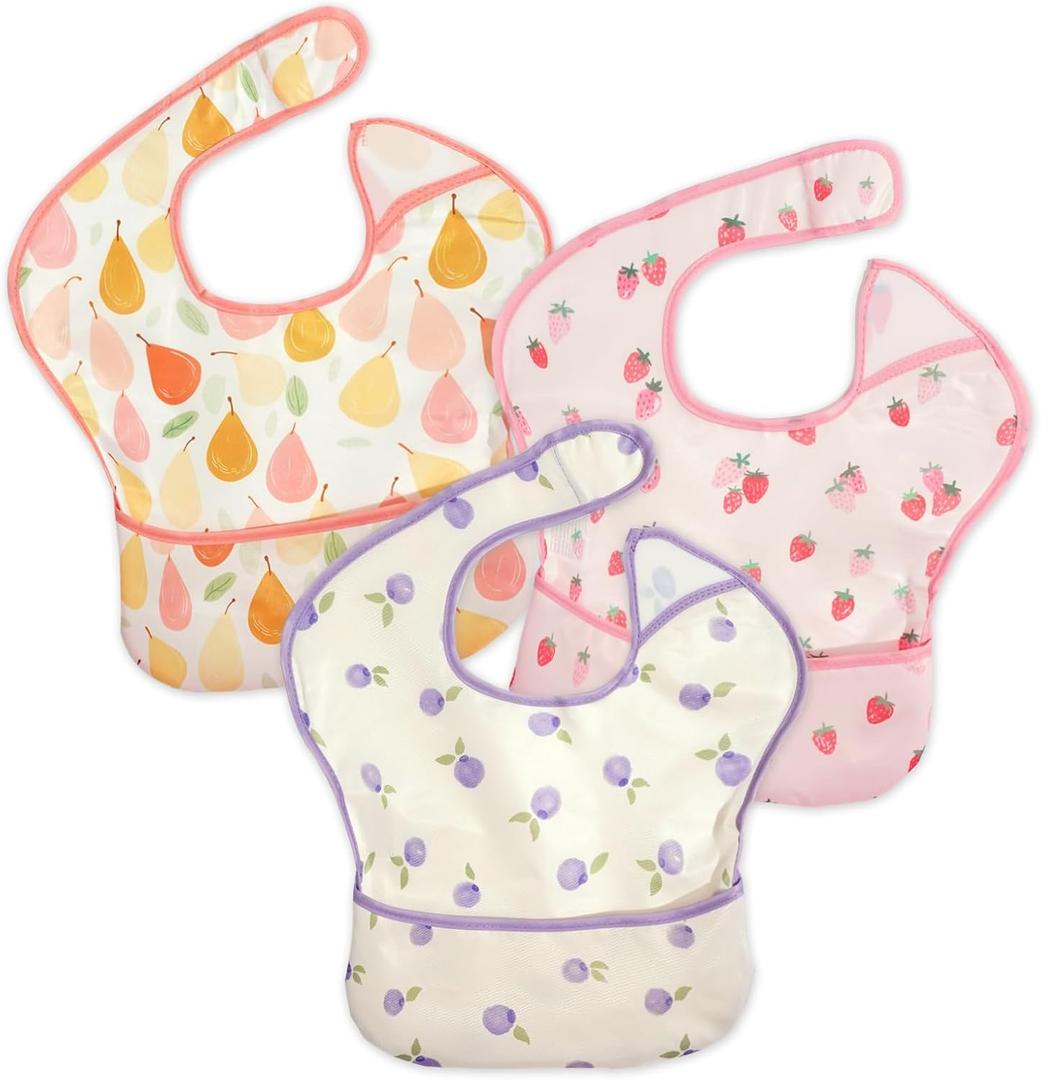 3-Pack Waterproof Baby Bibs for Eating - Lightweight Feeding Bibs, Mess Proof, Baby Essential Must Have for Eating (Fruit)