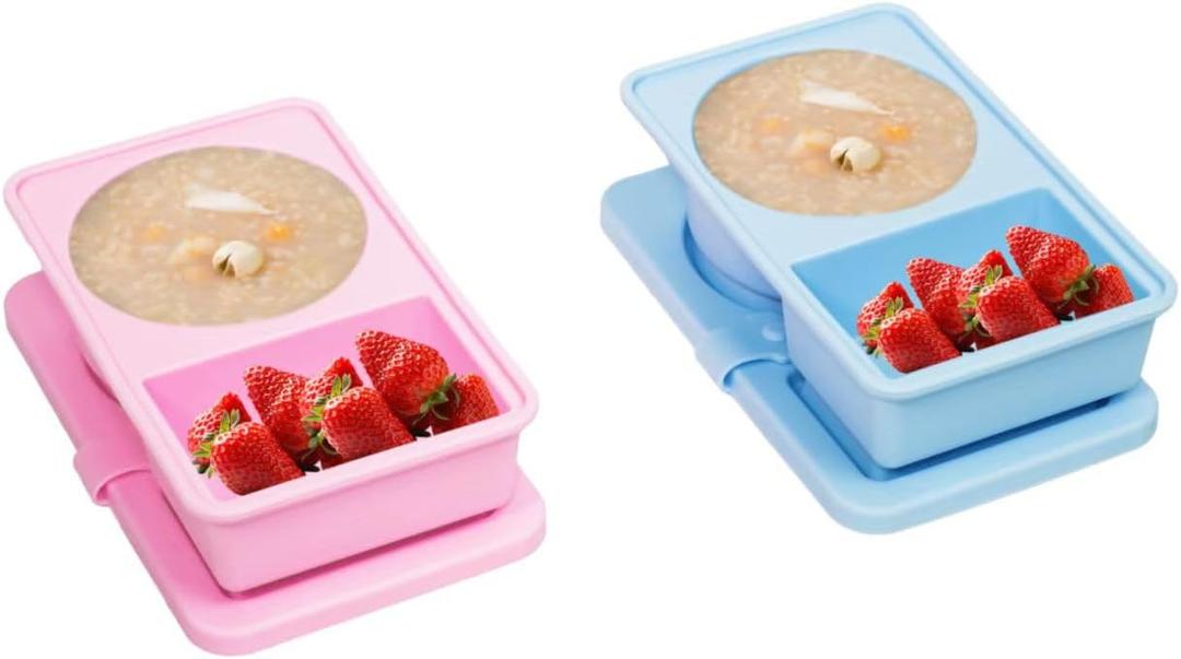 Stuuikf 2-Pack Silicone Snack Containers with Cutlery Strap & Double Compartment, Collapsible Box with Secure-Snap Lids for Travel, Office, Picnic (Blue & Pink)