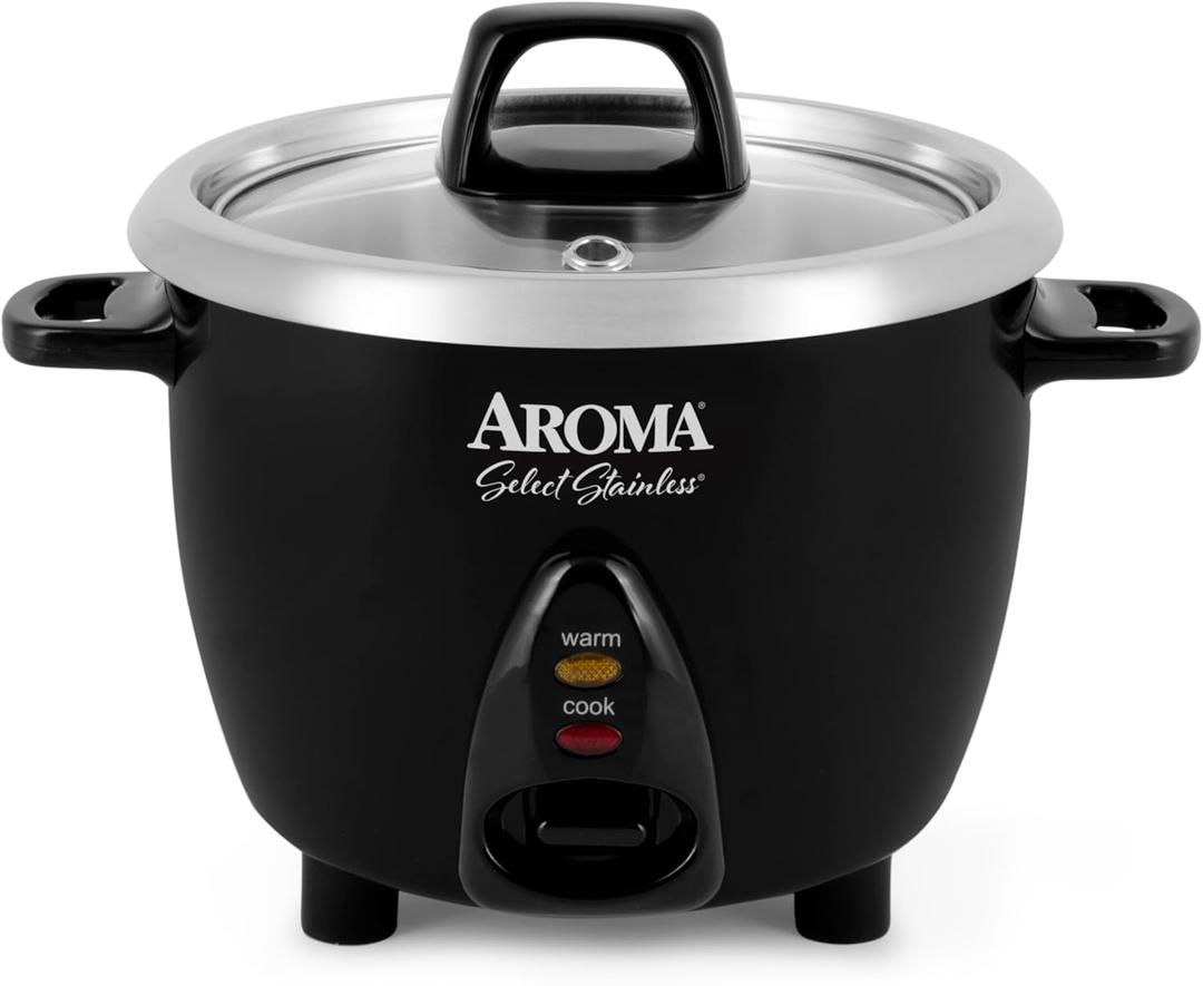 Aroma Housewares Select Stainless Rice Cooker & Warmer with Uncoated Inner Pot, 3-Cup(uncooked)/6-Cup(cooked)/ 1.2Qt, ARC-753SGB, Black