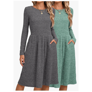 Riyiper 2 Pack Women's Long Sleeve Sweater Dress Ribbed Pleated Casual Round Neck Knee Length Dress with Pocket, Medium, Gray, Green