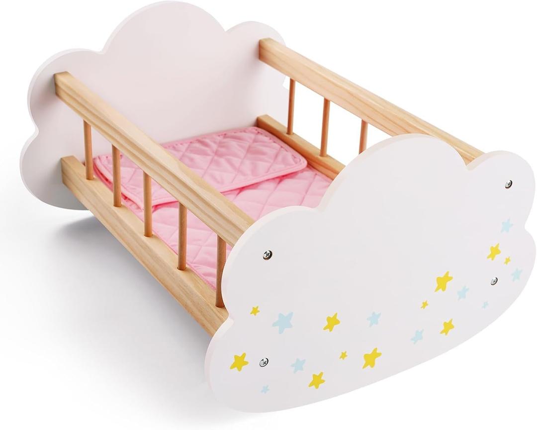 BABESIDE Wooden Baby Dolls Bed for 12-16 Inches Doll, Rocking Babys Doll Crib, Sleep Bed, Baby Dolls Accessories Furniture fit Newborn Dolls Boys Girls