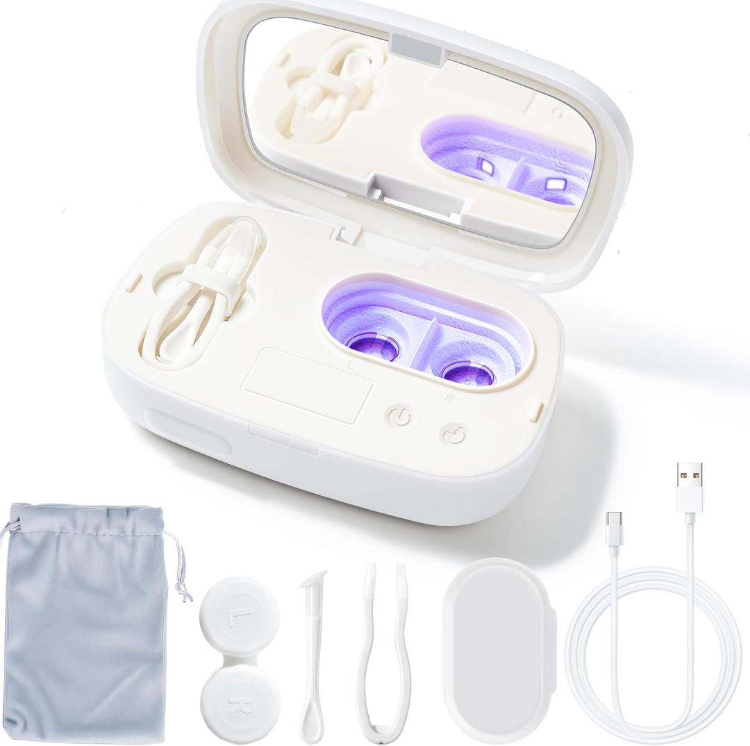 Portable Ultrasonic Contact Lens Cleaner with Blue Light,LXIANGN Rechargeable Contact Lens Cleaner Machine with 4 Timing Modes and Applicator Removal Tool Kit (White)