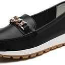 Women's Leather Chain Loafers, Comfort Platform Moccasins, Slip-on Driving Shoes, Multiple Colors (8.5, Black Out)